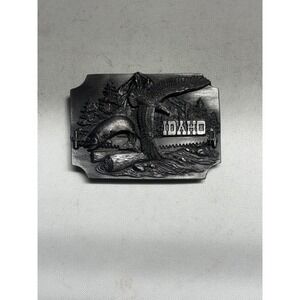 Vintage Idaho Siskiyou Pewter Belt Buckle - Eagle & Fish Outdoor Scene 1980s